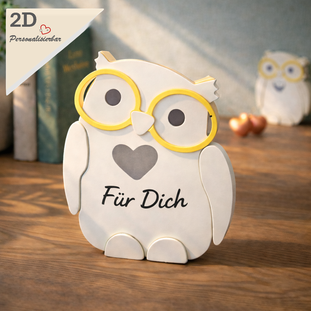 Handgegossene Deko Eule mit Herz und Schriftzug „Für dich“, personalisierbar